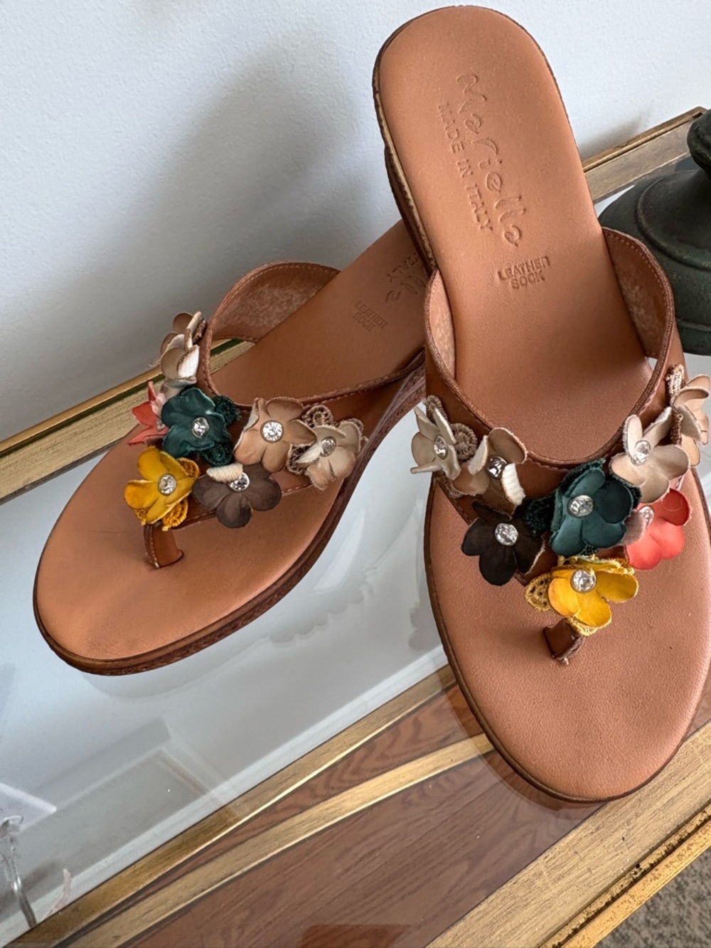 Tan Floral Appliqué Wedge Thong Sandals
